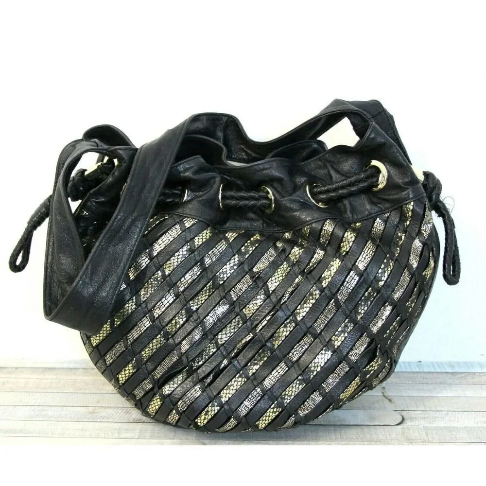Elliott Lucca BLACK GOLD WOVEN GENUINE LEATHER DRAWSTRING SHOULDER BAG PURSE